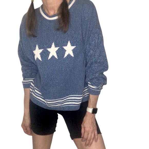 Vtg Y2K Christopher Banks Knit Sweater Sz L Blue White Star Beachy Casual Sporty - Picture 1 of 9